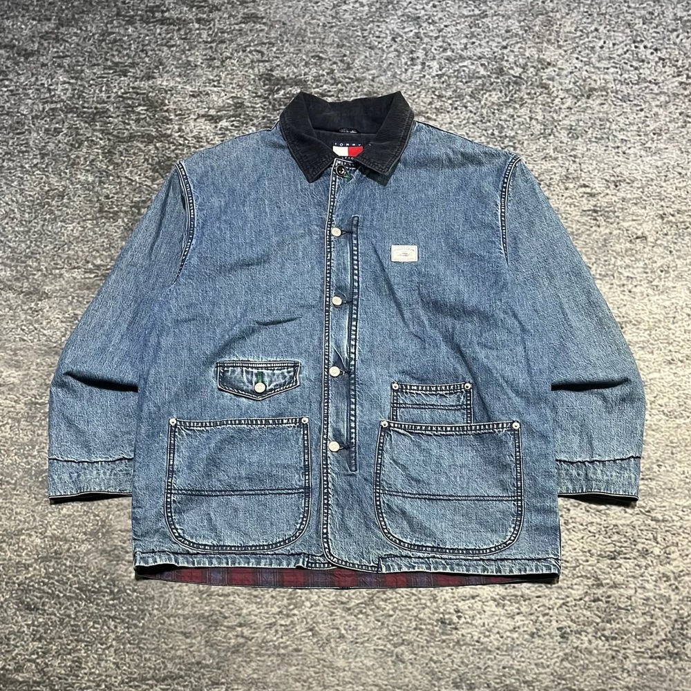 Vintage 90s Y2K Tommy Hilfiger Denim Chore Coat Mens Medium Blue Full Zip Button